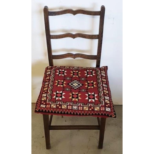 58 - Antique Primitive Ladder Back Straw Seated Side Chair with red cushion A3