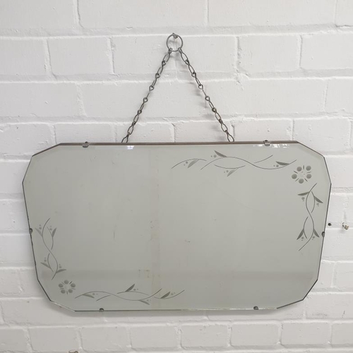 102 - Vintage Etched Glass Rectangular Wall Mirror with hanging chain, approx. 61cm x 38cm S