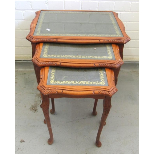 24 - Set of Nest of 3 Tables, green leather inset tops with glass plates on cabriole supports approx. 54c... 