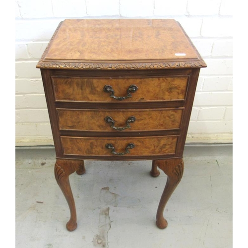 26 - 3 Drawer Burr Wood Bedside Chest on tall cabriole supports with brass ormamalu handles approx. 40cm ... 