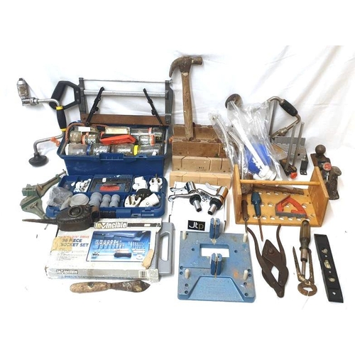 1557 - Moulding Plane, hammer, spirit level, boxes of nails, precision meter box & saw, Stanley knife, join... 