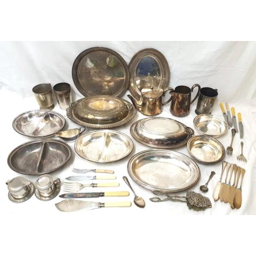 1556 - Silver Plated Items incl. entree dish, mugs, teapot, serving tongs, cutlery (1 Box)