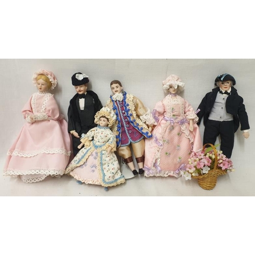 Dolls House Dolls with handmade dresses, hats, porcelain, most