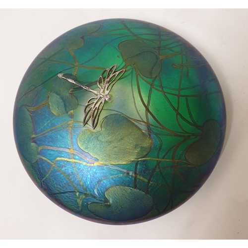 John Ditchfield Glass form paperweight, iridescent glass decorated with