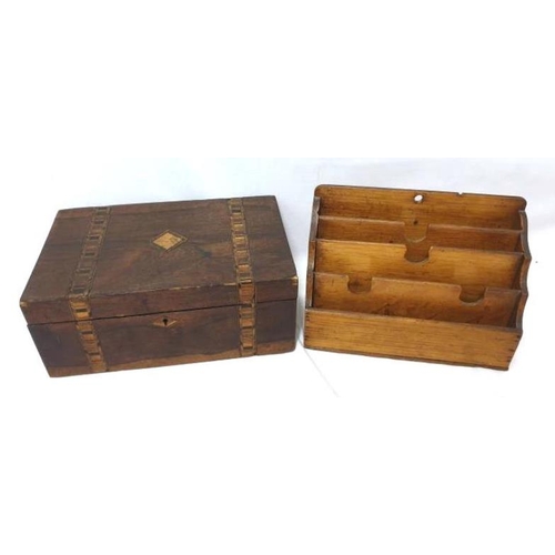 1179 - Marquetry Banded Writing/Stationery Box, no interior approx. 58cm x 18cm x 11.5cm & letter rack (2)