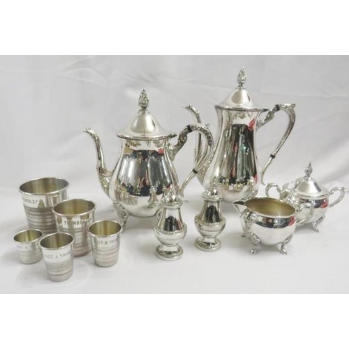 1796 - Silver Plated Viners Tea & Coffee Set, teapot, coffee pot, covered sugar, milk, thimble set & salt &... 