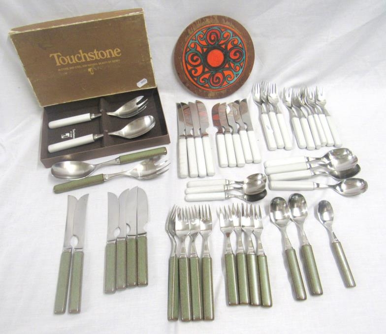 Denby Touchstone Cutlery, white handled knives, forks, spoons, green