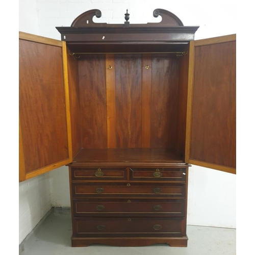 54 - Inlaid Mahogany Linen Press/Wardrobe on chest of drawers, 2 short over 3 long, 2 doors to middle sec... 