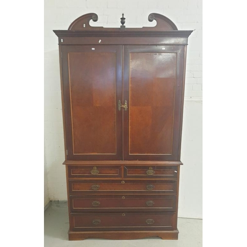 54 - Inlaid Mahogany Linen Press/Wardrobe on chest of drawers, 2 short over 3 long, 2 doors to middle sec... 