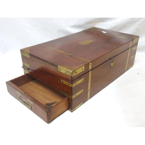 1 - Antique Mahogany Brass Bound Writing Slope with secret drawer, inkwells & key approx. 45.5cm x 25cm ... 