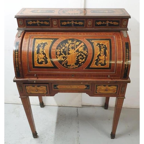 19 - Italian/Casa Baroque Style Marquetry Inlaid Cylinder Style Roll Top Bureau, 3 drawers to upstand & f... 