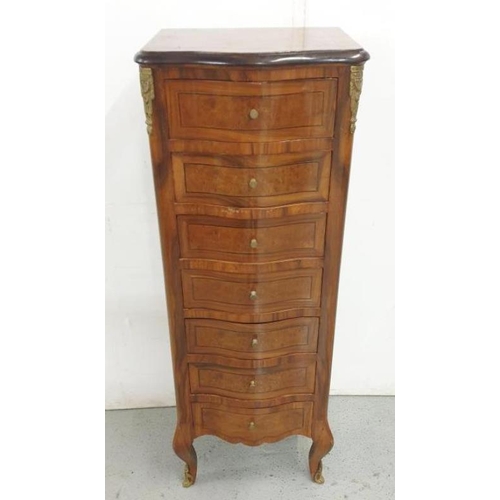 24 - French Style Burrwood & Ebony Inlaid Serpentine Fronted Chest of Drawers, 7 drawers with brass handl... 