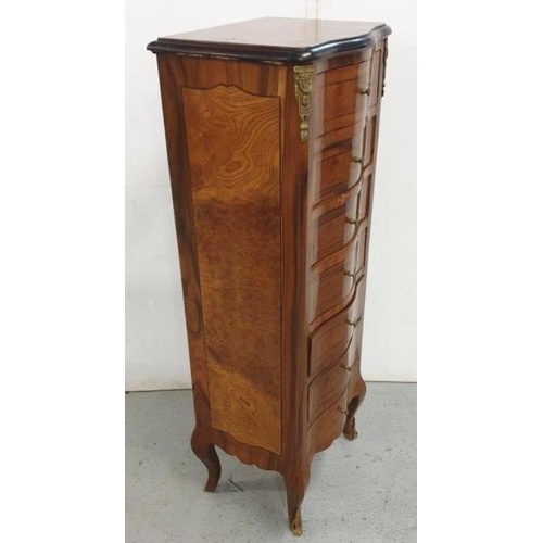 24 - French Style Burrwood & Ebony Inlaid Serpentine Fronted Chest of Drawers, 7 drawers with brass handl... 