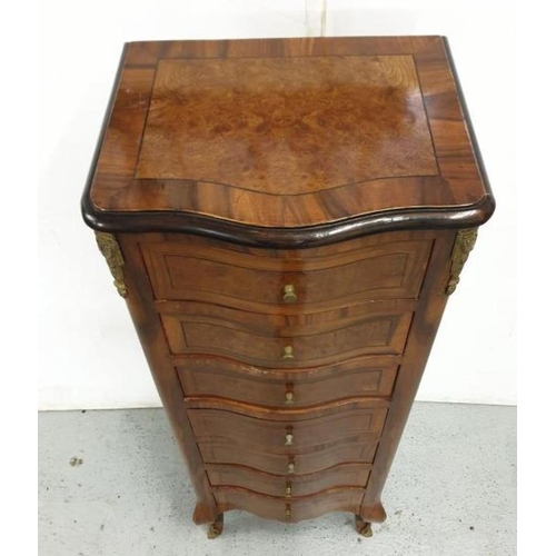 24 - French Style Burrwood & Ebony Inlaid Serpentine Fronted Chest of Drawers, 7 drawers with brass handl... 