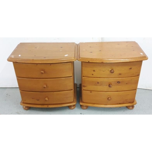 28 - Pair of 3 Drawer Pine Bedside Cabinets on bun supports with turned bun handles approx. 61cm H x 60cm... 