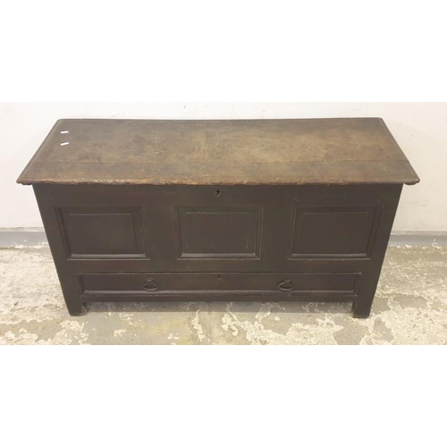 38 - C18th 3 Panel Mule Chest/Oak Coffer, single, lift up top approx. 120cm x 40cm x 65cm A3