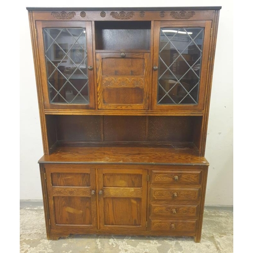 7 - Oak Dresser with 2 glazed lead light doors, open hutch, fall front with combination of 2 cupboard do... 