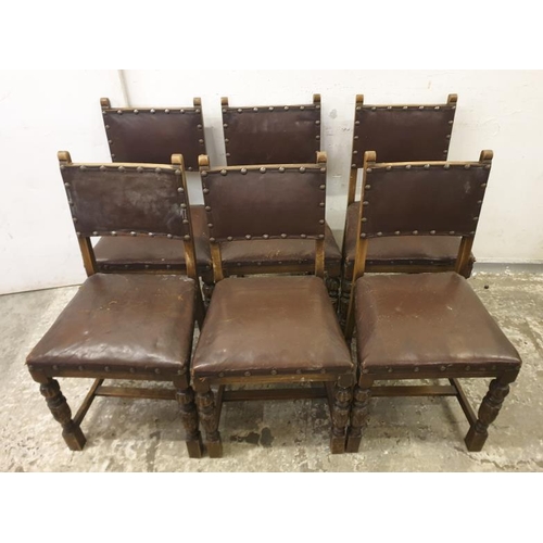 3 - Set of 6 Carolean Style Dining Chairs/Side Chairs with brown leather studded seats, carved legs A11