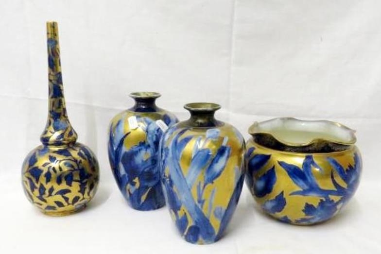 2 Royal Doulton Blue Iris/Thomas Forrester Phoenix style vases approx