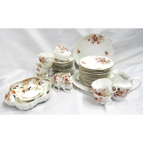 1822 - Floral Decorated Tea Set, 7 cups, 1 cup (near matching), saucers, tea plates & side plates, frilled ... 