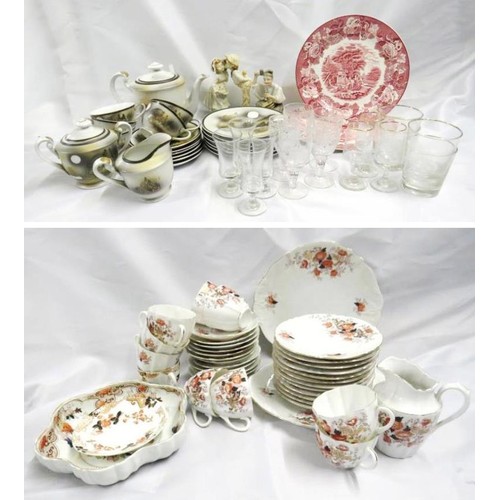 1822 - Floral Decorated Tea Set, 7 cups, 1 cup (near matching), saucers, tea plates & side plates, frilled ... 