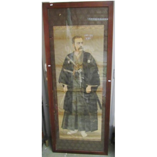 417 - Very Large F/g Portrait of Western Gentleman dressed as a Japanese Samurai, mounted with silk brocad... 