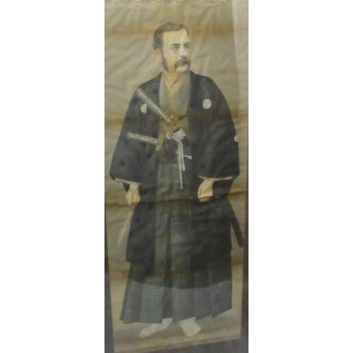 417 - Very Large F/g Portrait of Western Gentleman dressed as a Japanese Samurai, mounted with silk brocad... 