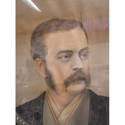 417 - Very Large F/g Portrait of Western Gentleman dressed as a Japanese Samurai, mounted with silk brocad... 