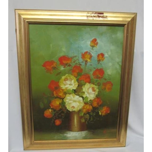 418 - Framed Oil on Board Still Life Orange & Yellow Flowers in gold jug, monogrammed TT (Pye) 73cm x 58cm... 