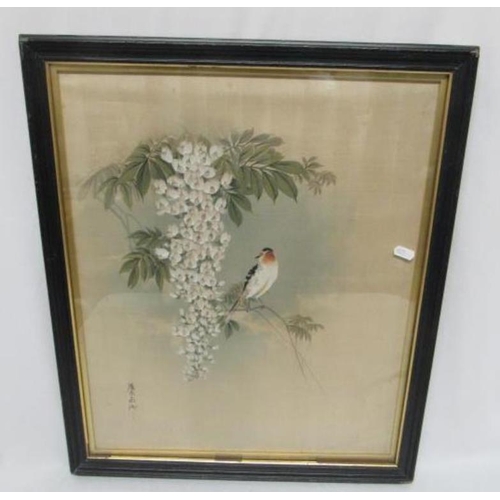 418A - Oriental Painting Small Bird in wisteria tree, script & red seal mark, 48cm x 58cm