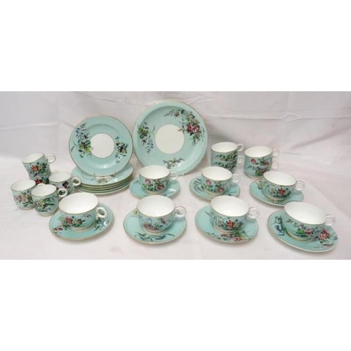 1422 - Turquoise Ground Floral Decorated 9 cups, 7 saucers, 6 tea plates & 5 coffee cans