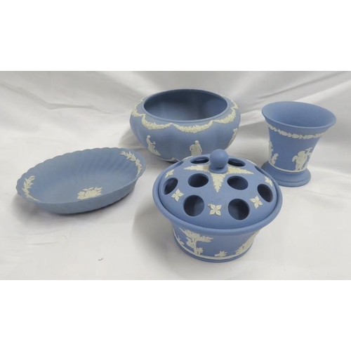 1424 - Wedgwood Jasperware Blue & White pot pourri bowl, oval dish approx. 15cm dia., funnel shaped vase et... 