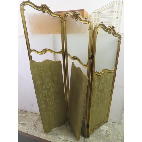 51 - C19th Rococo Style French Gilt Framed 3 Fold Dressing Screen with upholstered base & glass top appro... 