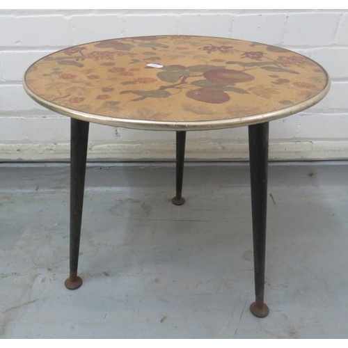 60 - Mid Century Design Tri-Footed Circular Topped Side Table, the top with decoration of fruit approx. 4... 