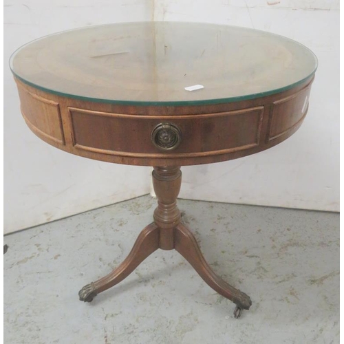 19 - Reproduction Drum Table with ring pull brass handles, plate glass top approx. 52cm dia. x 57cm H A3