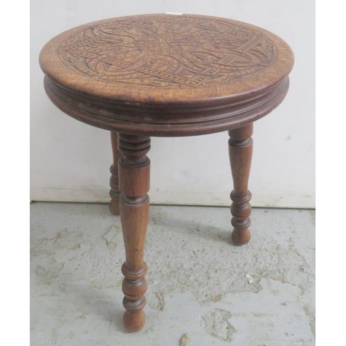 26 - 3 Footed Circular Carved Topped Stool approx. 28cm dia. x 38cm H A2