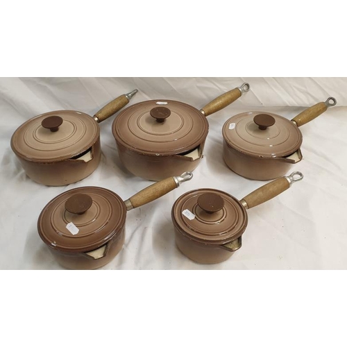Brown Enamelled Le Creuset Style Cousances Saucepans, size 18, 16, 20, 14 & 12