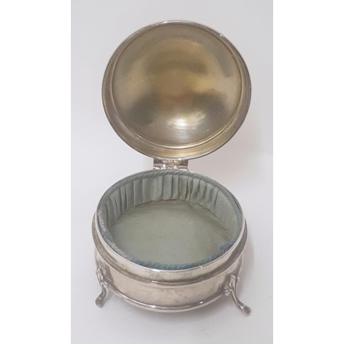 957 - Circular Silver Trinket Pot with hinged cover, velvet lined on raised pad feet, light creases to bod... 