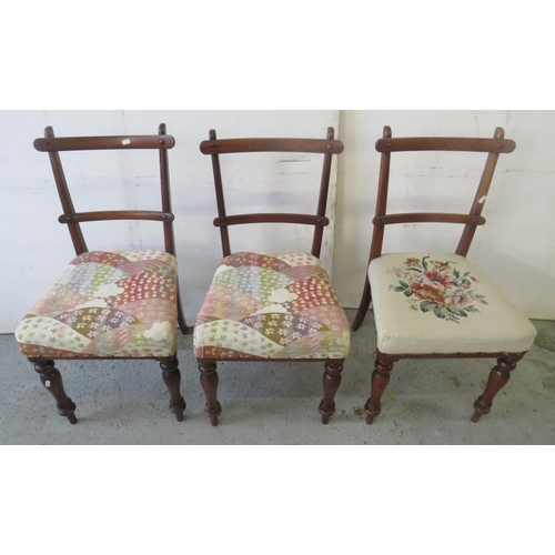 5 - 3 Antique Upholstered Bedroom Chairs with overstuffed seats, turned front supports (A8)