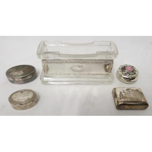 954 - Silver Plated Pill Box & 3 800 Standard White Metal Pill Boxes & 925 clad hat pin box