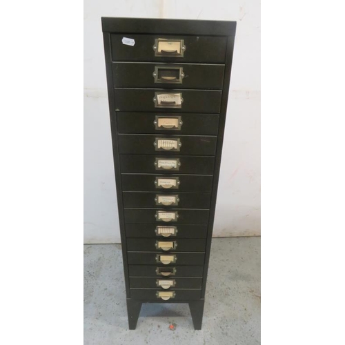 46 - Green Painted Tool Chest/Filing Cabinet of 15 narrow drawers approx. 99cm H x 39cm D x 27cm W (A5)