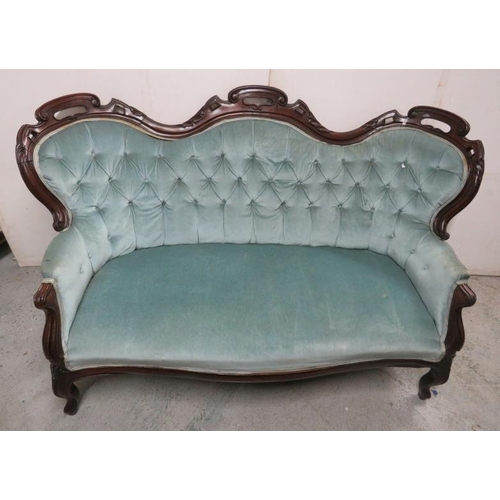 12 - Victorian Show Wood Framed Blue Velvet Upholstered Button Backed Victorian Sofa/Settee approx. 170cm... 