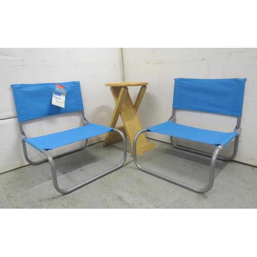 32 - 2 Blue Folding Chairs & Blonde Wood/Pine Folding Seat/Stool (3) (A3)