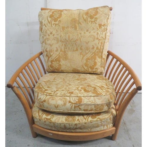 50 - Ercol Renaissance Elm Suite with inspection label no. 2635, settee, armchair & footstool with storag... 