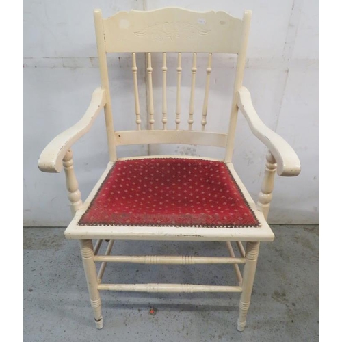 53 - Cream/White Painted Bar Back Carver/Armchair with red upholstered seat & spindle back, Oak Arts & Cr... 