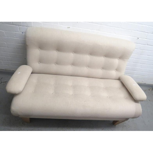 54 - Button Back Oatmeal Upholstered Modern Settee/Sofa approx. 135cm W x 88cm (total height) 47cm H (sea... 