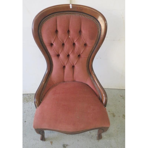 57 - Show Wood Framed Button Backed Victorian Style Spoon Back Side Chair, serpentine front, pink upholst... 