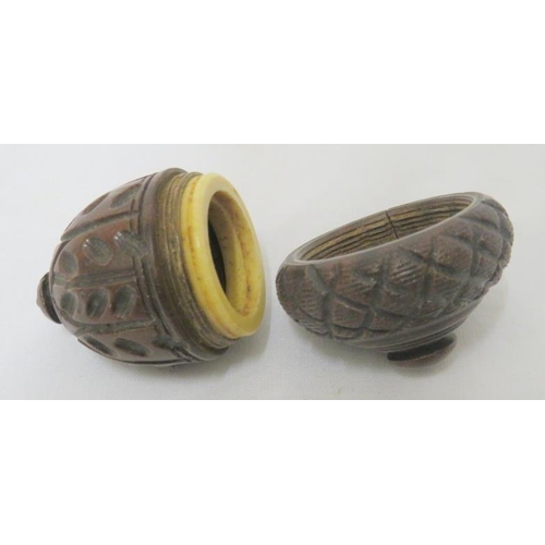 C19th Carved Coquilla Nut Nutmeg Holder with screw off top, carving