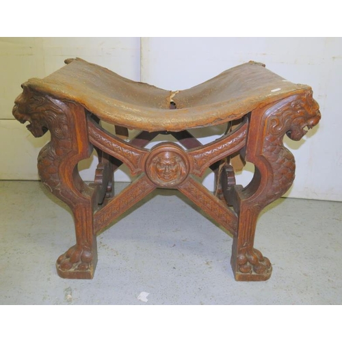 1 - C19th Italian Carved Oak Stool with heavily carved lion supports approx. 85cm x 56cm x 61cm H (A7)