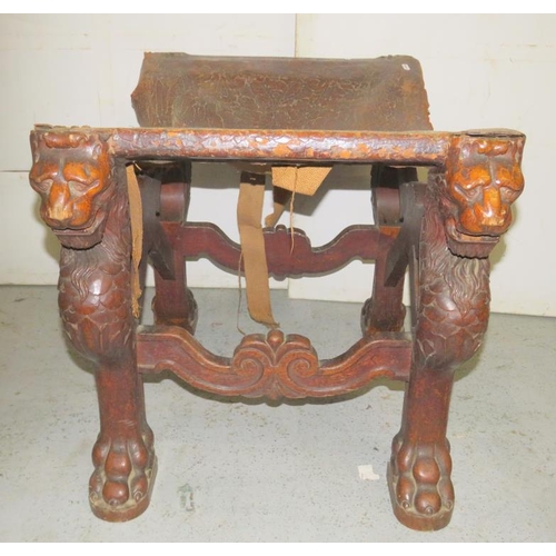 1 - C19th Italian Carved Oak Stool with heavily carved lion supports approx. 85cm x 56cm x 61cm H (A7)